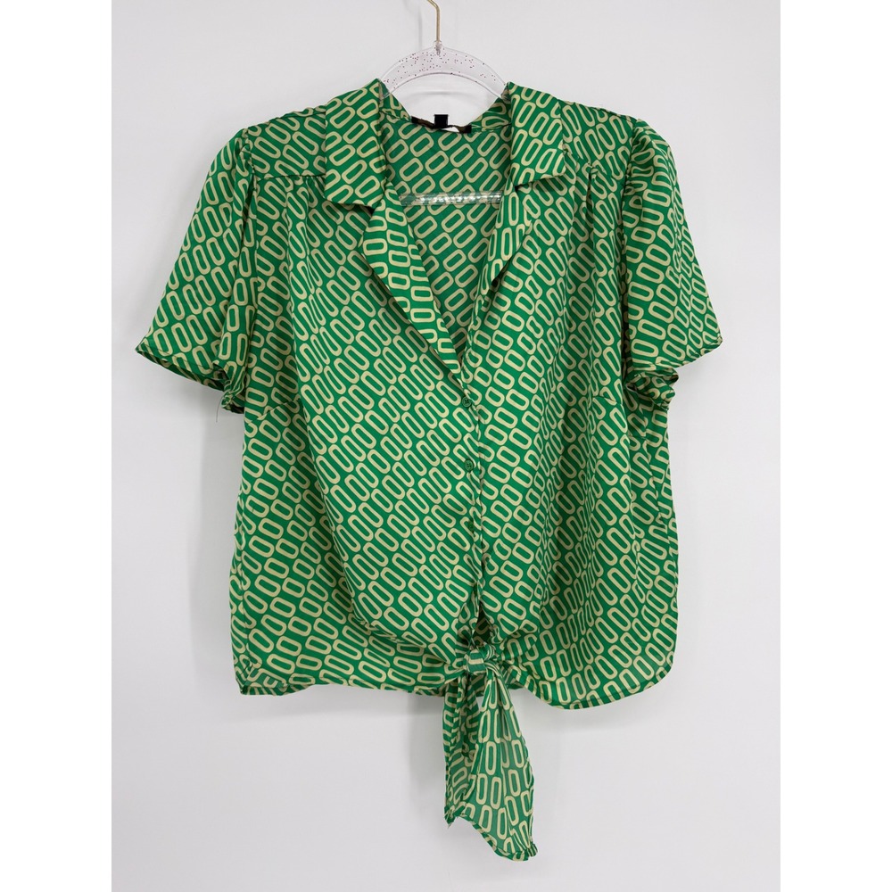 Eclair Green Geometric Link Print Short Sleeve Tie Front Blouse Sz L